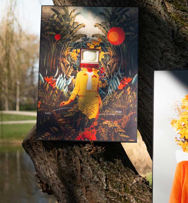 Deux tableaux surréalistes suspendus à un arbre dans le parc – à gauche : une figure avec une télévision en guise de tête dans un décor tropical ; à droite : un portrait avec des fleurs jaunes à la place du visage